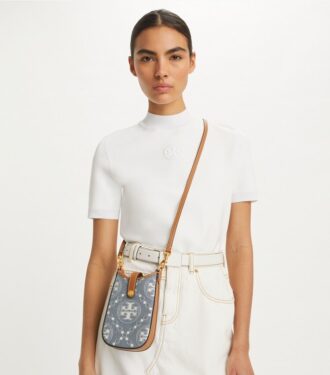 Bolso bandolera para teléfono de denim con T Monogram