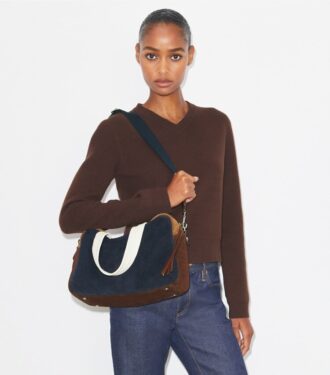 Bolso satchel de ante con bloques de color