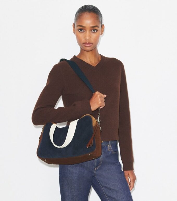 Bolso satchel de ante con bloques de color Bolso satchel de ante con bloques de color