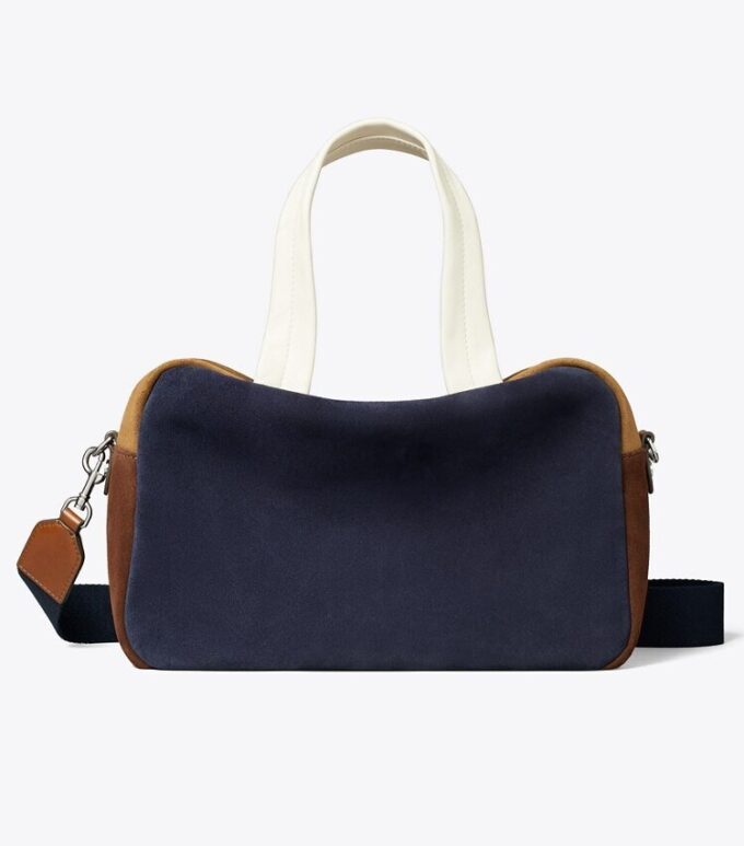 Bolso satchel de ante con bloques de color Bolso satchel de ante con bloques de color