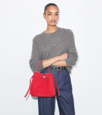 Bolso tipo cubo Romy de gamuza con costuras decorativas