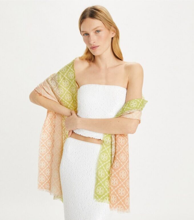 Bufanda rectangular con T Monogram y rayas multicolores