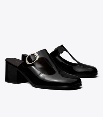 Mules con tacón y tira en T violetas