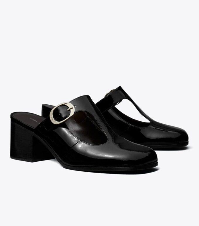 Mules con tacón y tira en T violetas Mules con tacón y tira en T violetas