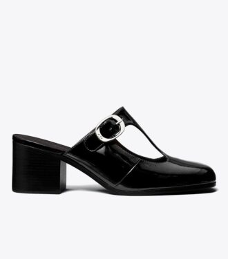 Mules con tacón y tira en T violetas