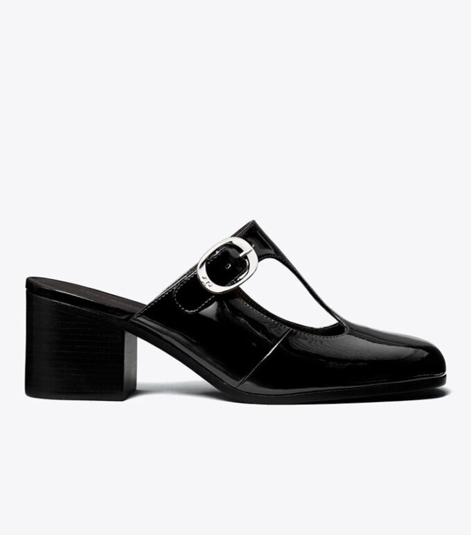 Mules con tacón y tira en T violetas Mules con tacón y tira en T violetas