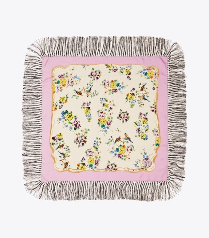 Pañuelo cuadrado de seda con estampado floral en porcelana Pañuelo cuadrado de seda con estampado floral en porcelana