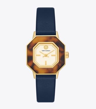 Reloj Sawyer Octagonal, cuero azul marino/acero inoxidable dorado, 28 x 32 mm