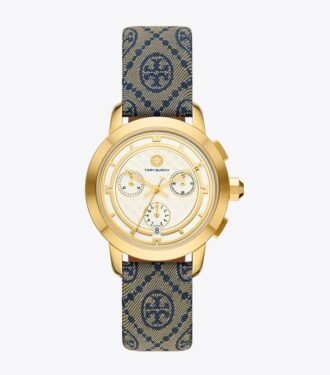 Reloj Tory con T Monogram, azul marino/acero inoxidable dorado, 37 x 37 mm