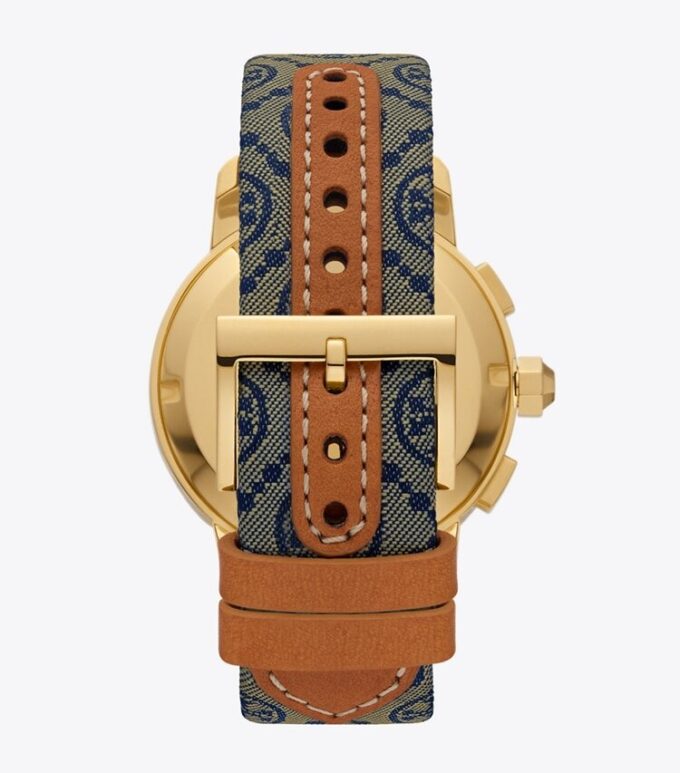 Reloj Tory con T Monogram, azul marino/acero inoxidable dorado, 37 x 37 mm Reloj Tory con T Monogram, azul marino/acero inoxidable dorado, 37 x 37 mm