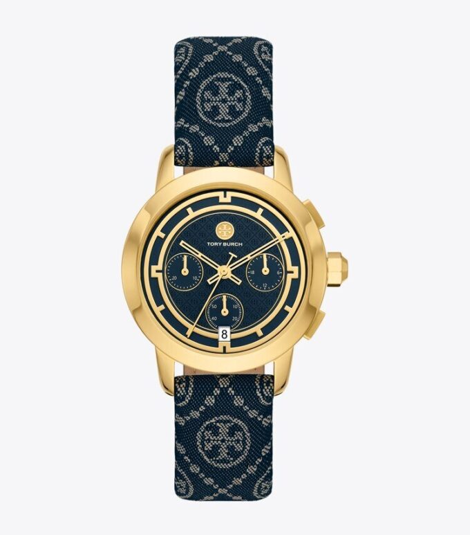 Reloj Tory con T Monogram, cuero/acero inoxidable dorado Reloj Tory con T Monogram, cuero/acero inoxidable dorado