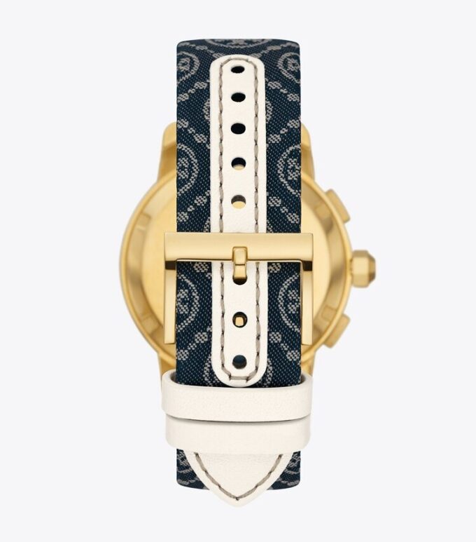 Reloj Tory con T Monogram, cuero/acero inoxidable dorado Reloj Tory con T Monogram, cuero/acero inoxidable dorado