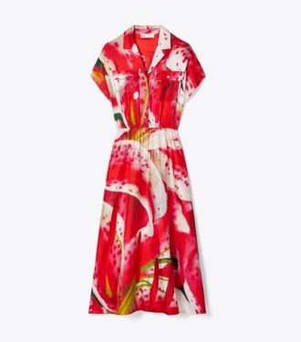 Vestido camisero de sarga de seda estampada