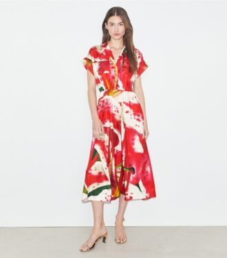 Vestido camisero de sarga de seda estampada