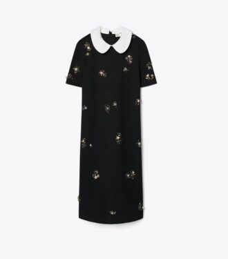 Vestido de punto con cuello de popelín adornado
