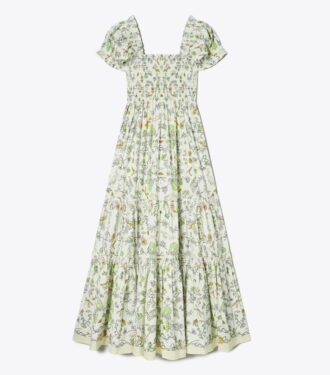 Vestido estampado de algodón con fruncidos