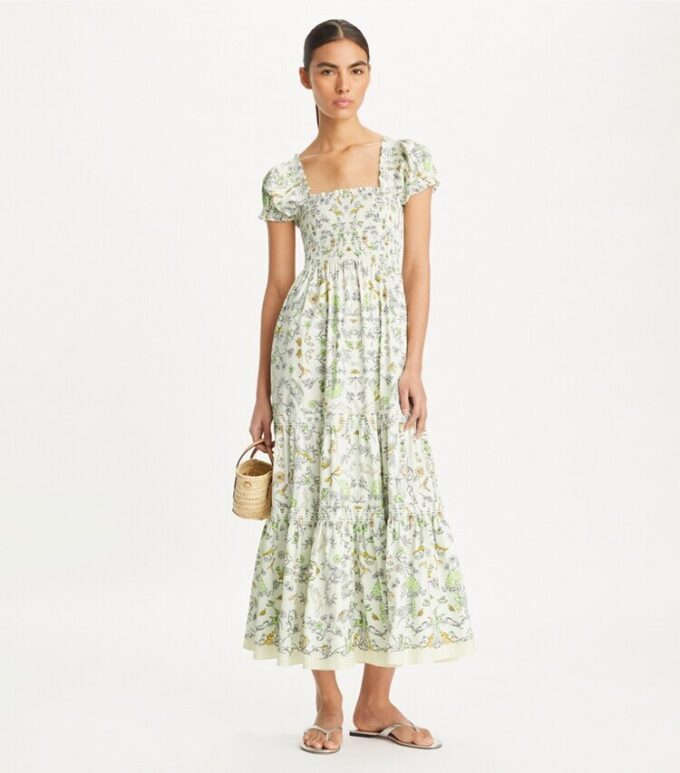 Vestido estampado de algodón con fruncidos Vestido estampado de algodón con fruncidos